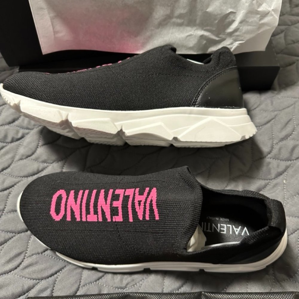 Valentino Queenie Logo Slip-on Sneakers In Black with Pink Writing (NWT)